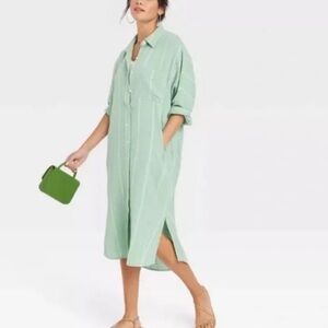 UNIVERSAL THREAD WOMENS GREEN WHITE STRIPE COTTON SHIRT DRESS MIDI MEDIUM
